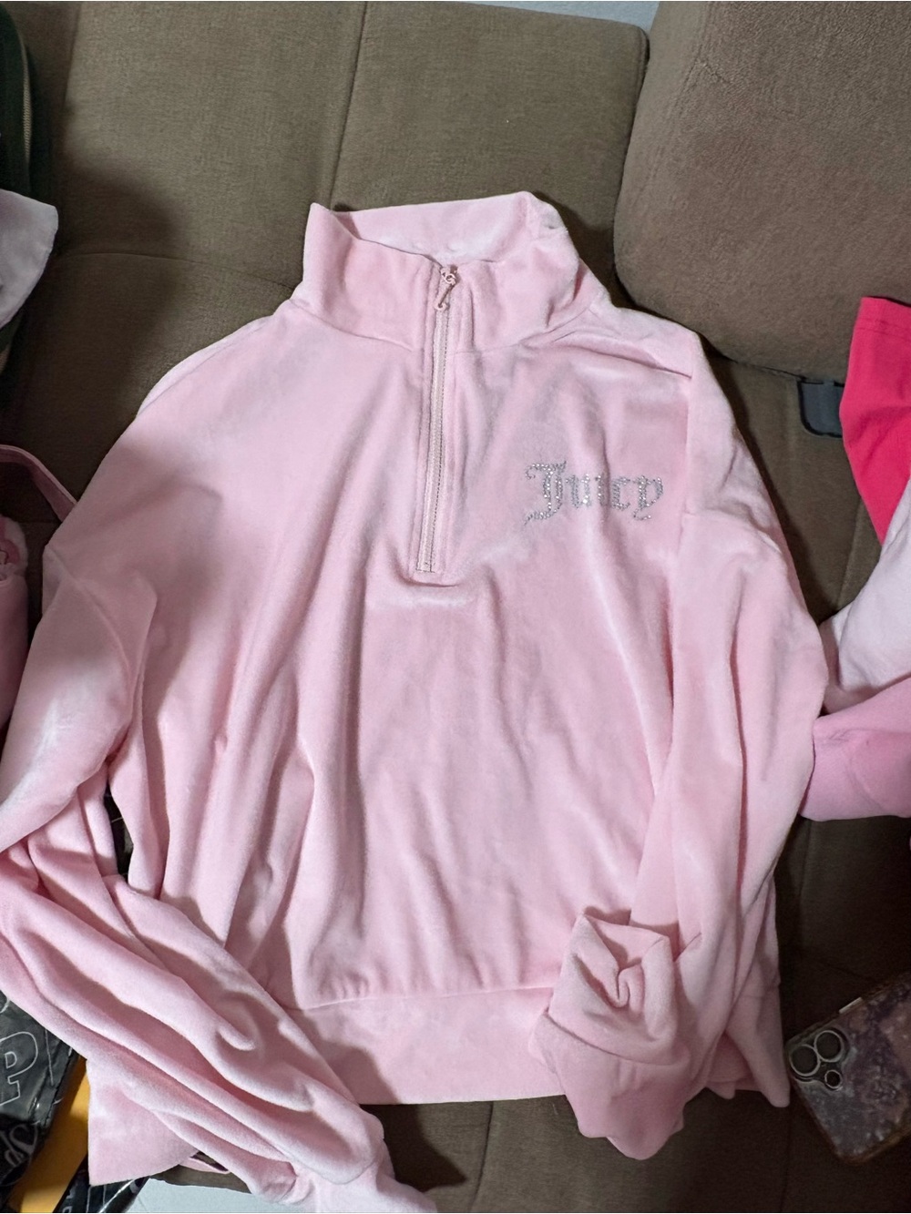 Juicy Couture Light Pink Velour Half-Zip Turtleneck Pullover